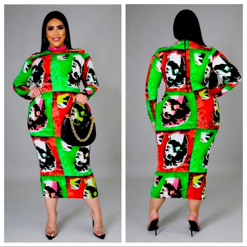J. Elise Boutique Plus Size Neon Multi Color Graphic Long Midi Maxi Sleeve Dress - Picture 2 of 2